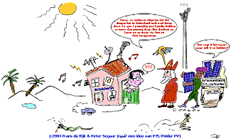 Cartoon dealing with Dutch Minister of Economy Affairs Brinkhorst's bizarre opinion that the Netherlands is "too expensive" for implementation of Photo-Voltaics and solar panels should better be placed in the Sahara... (click for enlargement).