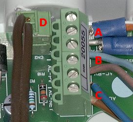 detail of data (A, D) and AC power connections (B, C) in solar indicator box for 108 Wp group